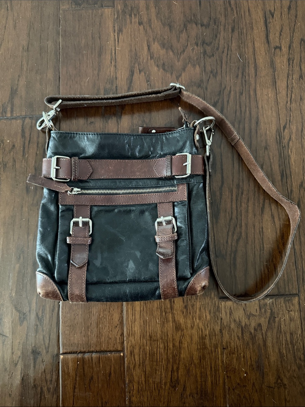 Tano Black Canvas Messenger Bag with Brown Leather Trim